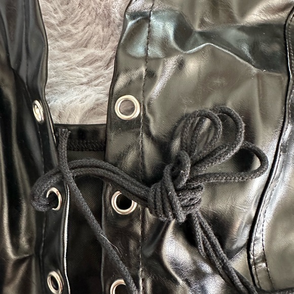 Black Faux Latex Halter Lace-Up Top - Picture 3 of 7